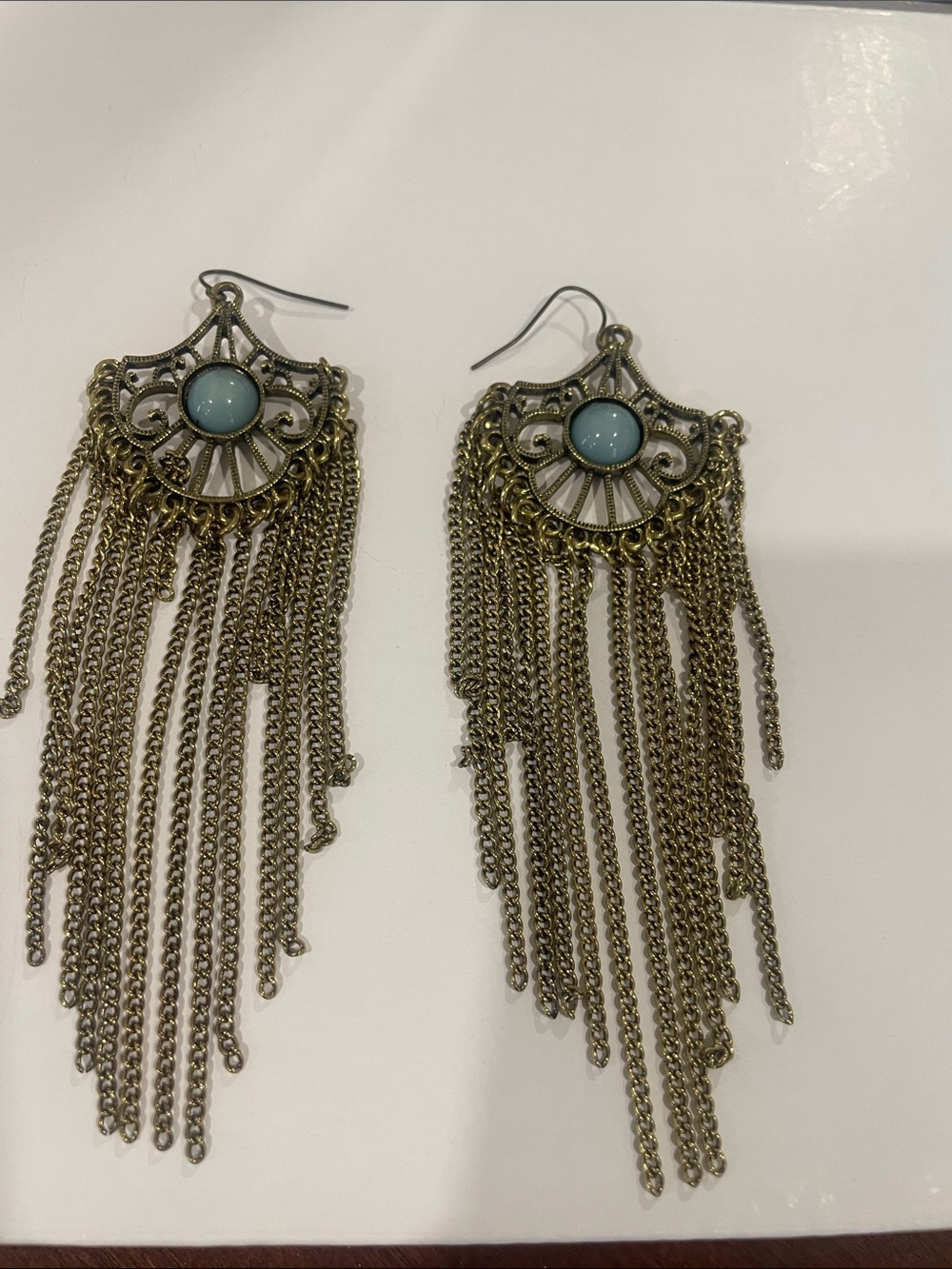 Bohemian Tassel Drop Earrings with Light Blue Stone